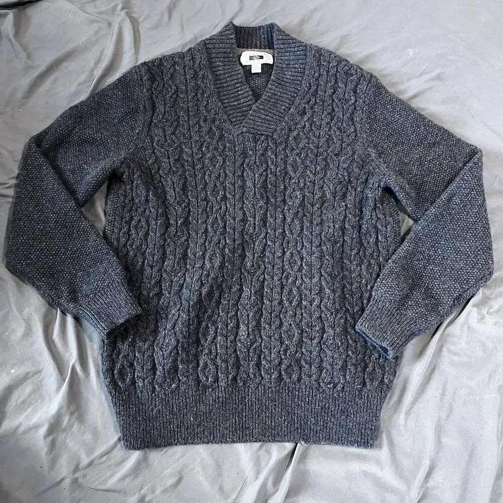 Joseph Abboud Sweater Mens XL Gray Cable Knit V‎ Neck Pullover Warm Heavyweight